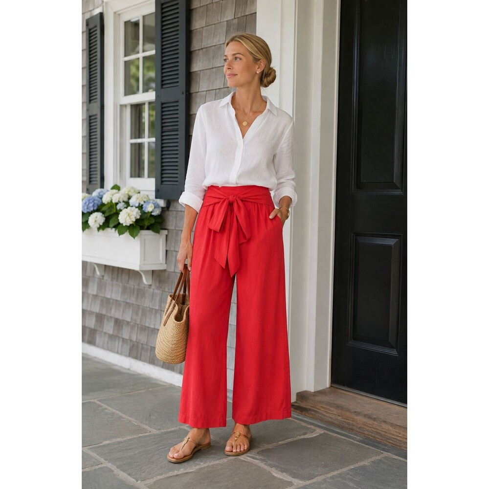 NWT Kari England Nantucket Silk Wide Leg Pants Women’s XS Red Tie Waist Preppy